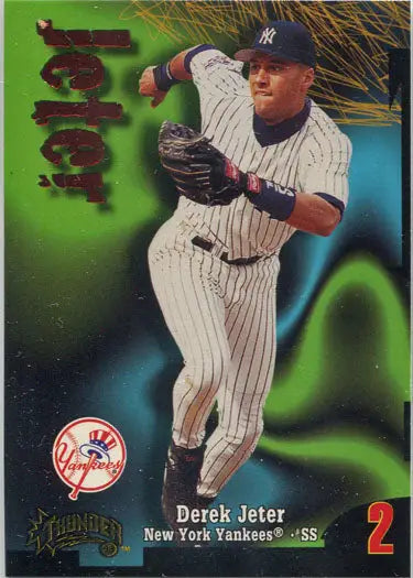 Base card of Derek Jeter in pitching stance from Skybox Thunder Baseball 1997 trading cards