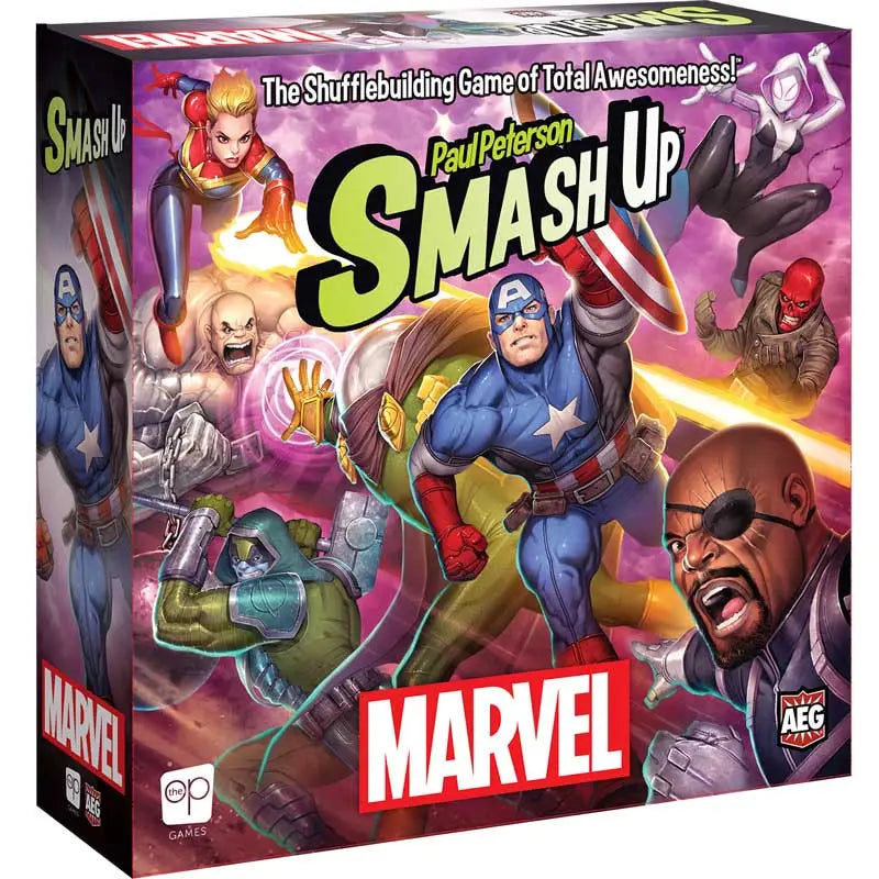 Marvel Smash Up board game box showcasing dynamic superhero characters in action