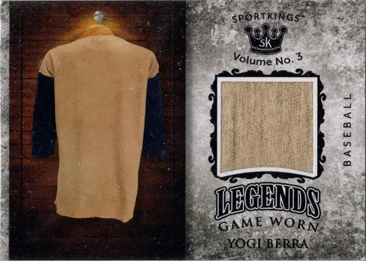 Baseball jersey with fabric swatch attached to Sportkings 2022 Yogi Berra Baseball Card