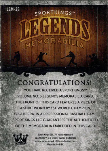 Sportkings 2022 Legends Yogi Berra Sports Memorabilia Card for baseball trading cards