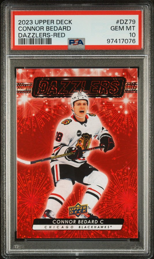 PSA-graded Connor Bedard 2023 Upper Deck Dazzlers Red hockey card on red background