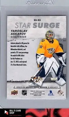 Yaroslav Askarov Star Surge hockey card featuring the talented goalie Yaroslav Askarov