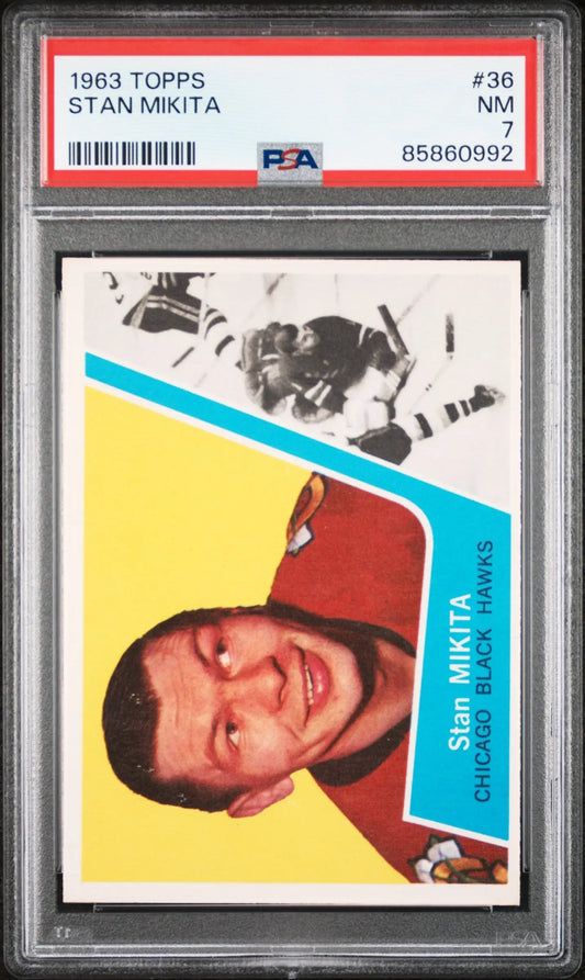 Stan Mikita 1963 Topps #36 trading card in PSA 7 Neat Mint protective case