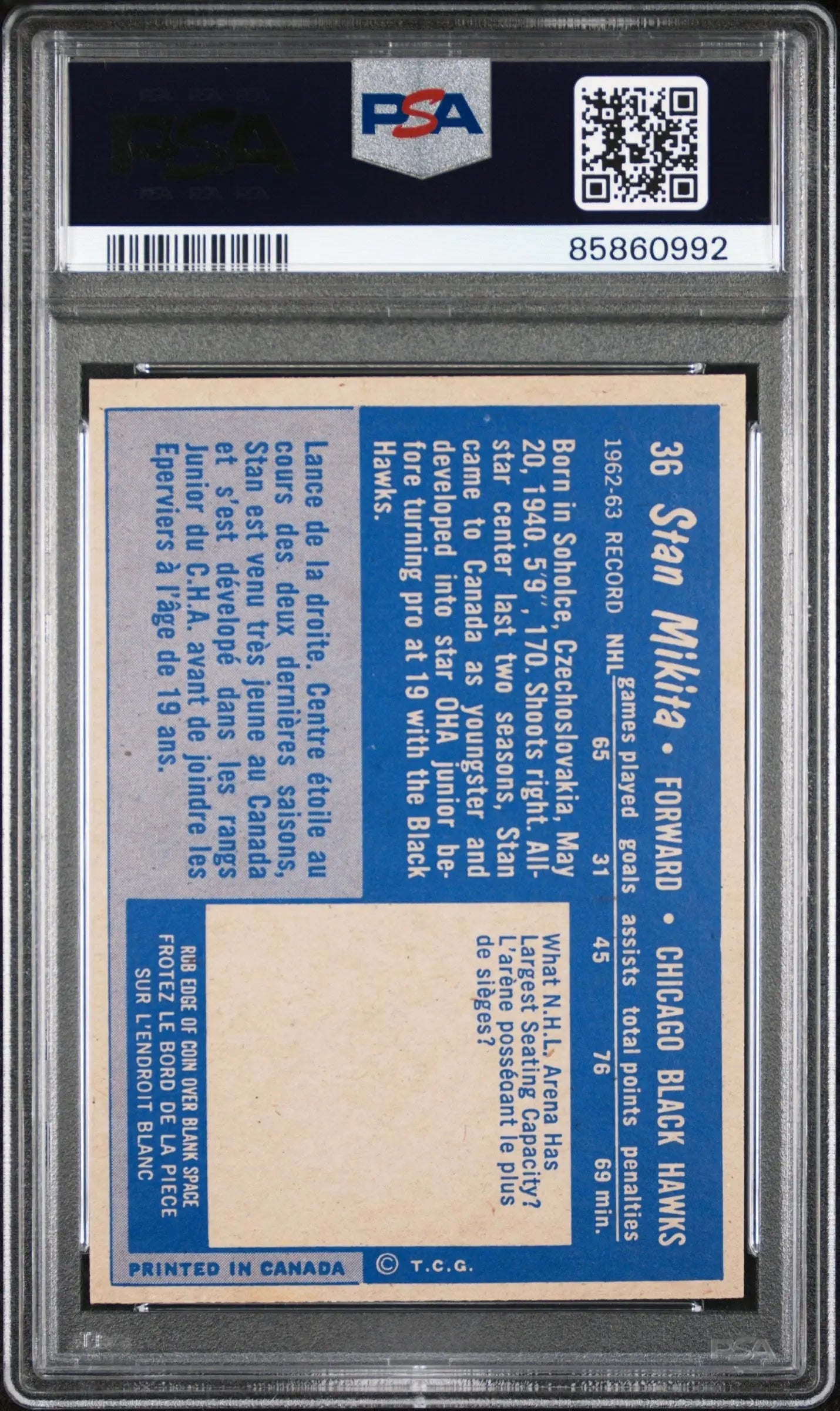 Back side of Stan Mikita 1963 Topps #36 trading card in PSA 7 Neat Mint case