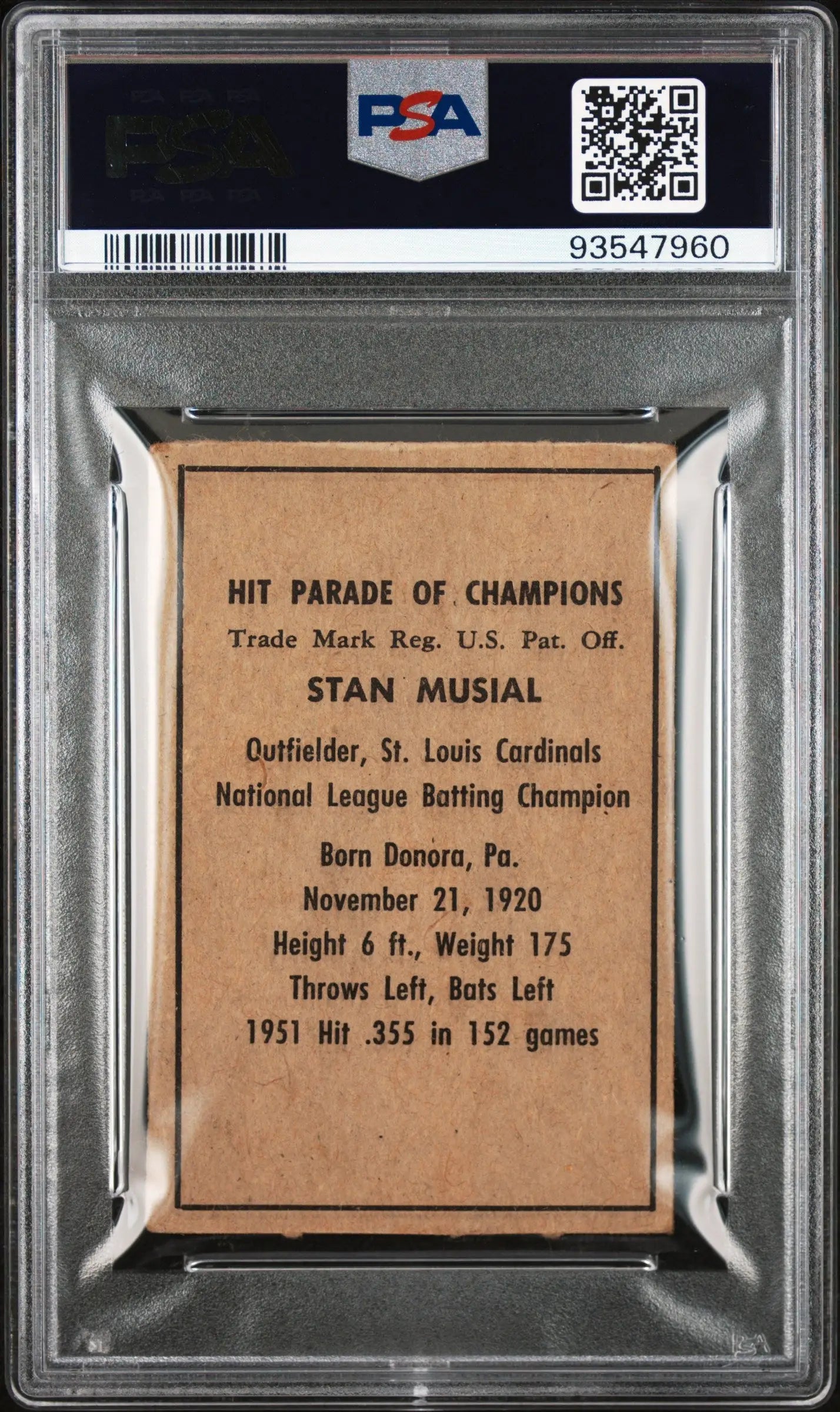 PSA-graded Stan Musial 1952 Berk Ross baseball card showcasing Hit Parade stats