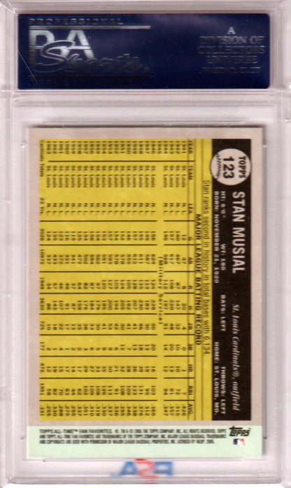 Back side of STAN MUSIAL 2005 Topps Fan Favorites card in PSA 10 graded case