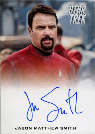 Autographed Star Trek trading card of Jason Matthew Smith as Hendorff in red uniform