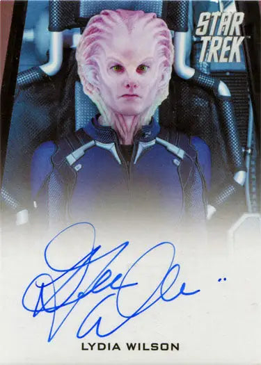 Autographed Star Trek trading card of Lydia Wilson as Kalara with pink ridged skin