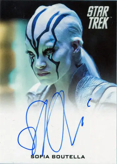 Autographed Star Trek trading card of Sofia Boutella as Jaylah, featuring blue-skinned alien