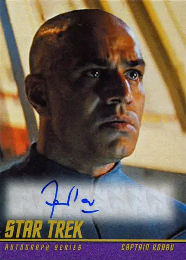 Headshot of Faran Tahir as Captain Robau in Star Trek uniform with autograph