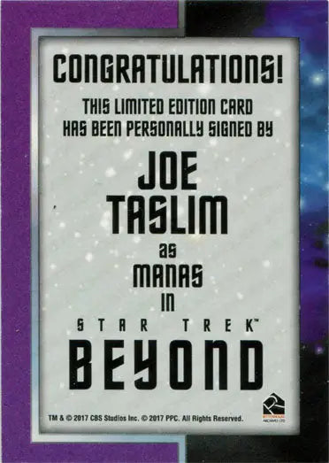 Limited edition card signed by Joe Taslim as Manas from Star Trek Beyond trading cards