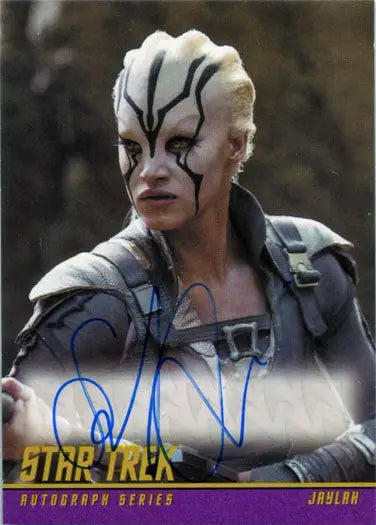 Signed Sofia Boutella Star Trek trading card featuring Jaylah with alien makeup