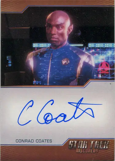 Autographed Star Trek trading card of Admiral Terral in blue Starfleet uniform