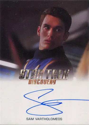 Autographed Star Trek Discovery trading card of Sam Vartholomeos as Ens. Connor