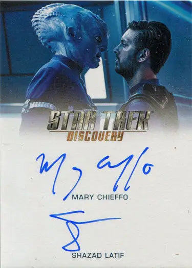 Autographed Star Trek Discovery trading card featuring Mary Chieffo and Shazad Latif