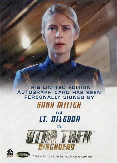 Autograph card of Sara Mitich as Lt. Nilsson in blue Starfleet uniform from Star Trek Discovery