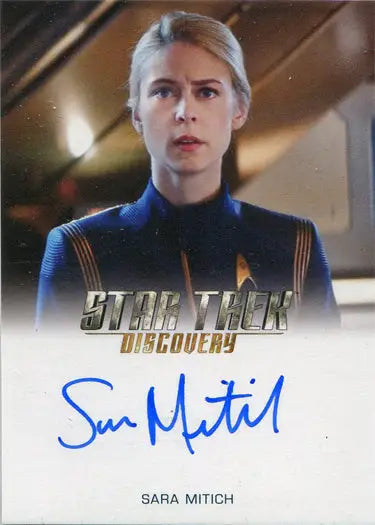 Autographed Star Trek Discovery trading card of Sara Mitich as Lt. Nilsson in blue uniform