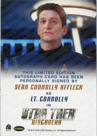 Autograph card of Sean Connolly Affleck in blue uniform from Star Trek Discovery Season 2