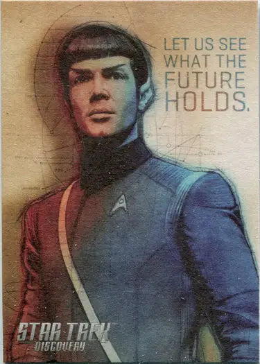 Portrait of Spock in blue uniform featured in Star Trek trading cards collection