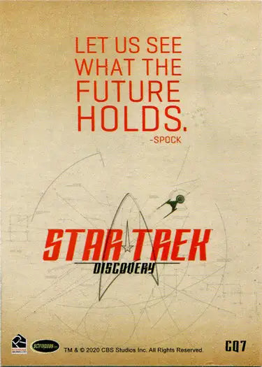 Promotional poster for Star Trek Discovery featuring Spock quote on trading cards