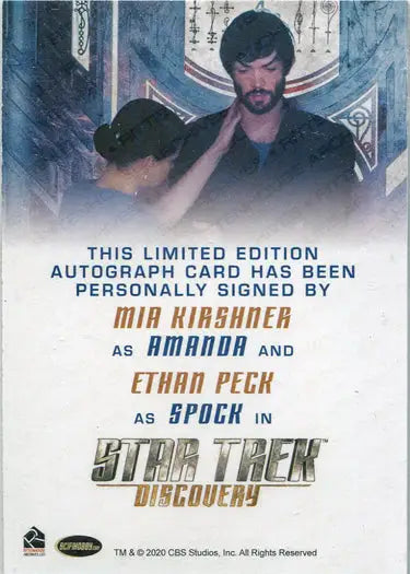 Autographed dual autograph card from Star Trek Discovery featuring Mia Kirshner and Ethan Peck