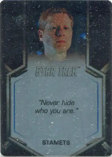 Star Trek Discovery heroism metal card featuring Stamets portrait and inspiring quote