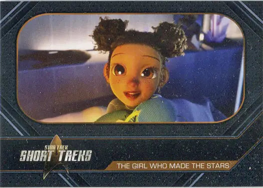 Animated young girl with curly hair buns smiling on Star Trek Short Treks Chase Card