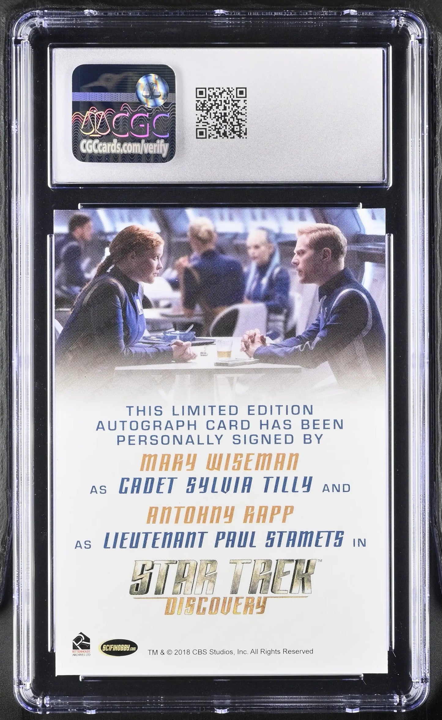 Autographed Star Trek Discovery card in protective case with QR code for collectors