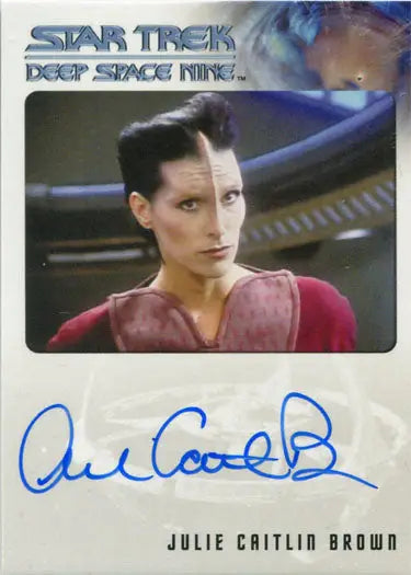 Autographed Star Trek DS9 card of Julie Caitlin Brown as Ty Kajada in red uniform