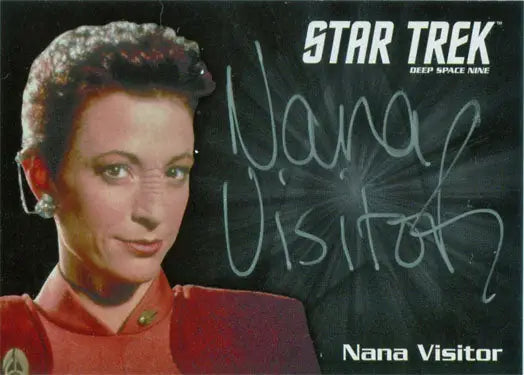 Autographed Star Trek trading card of Nana Visitor as Kira Nerys in red uniform