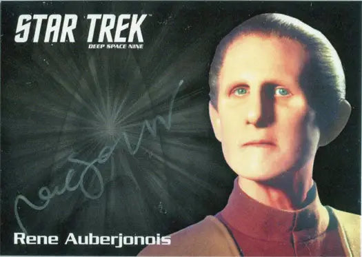 Pale-skinned humanoid in red uniform, Rene Auberjonois trading card from Star Trek