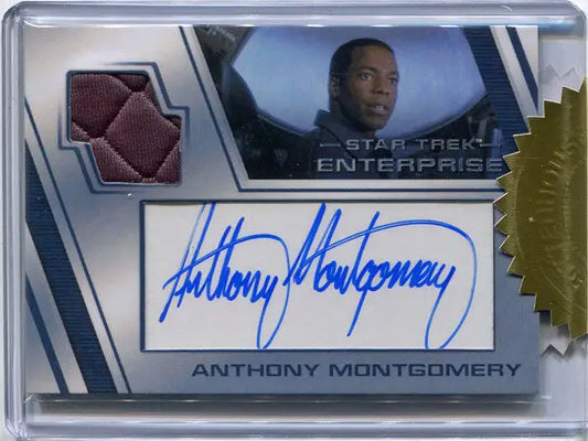 Autographed Star Trek Enterprise costume card of Anthony Montgomery with fabric swatch