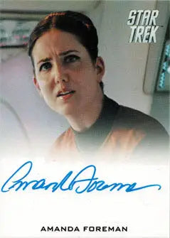 Autographed Star Trek trading card of Amanda Foreman as Hannity in white uniform