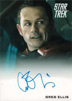 Headshot of Greg Ellis on a Star Trek autograph card against a blue background