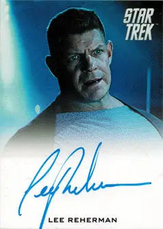 Autographed Star Trek trading card of Lee Reherman in blue-tinted portrait