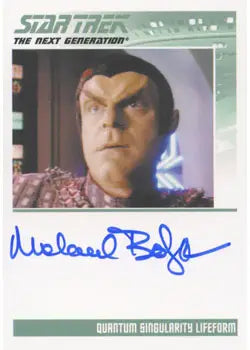 Headshot of alien character from Star Trek TNG on Michael Bofshever autograph card