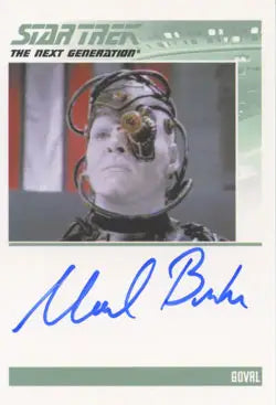 Headshot of Michael Reilly Burke as Goval with cybernetic implants for autograph card