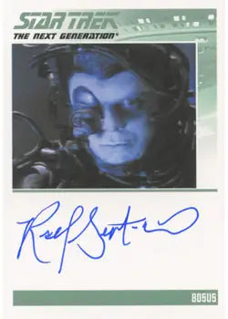 Signed autograph card of blue-skinned alien Bosus from Star Trek: The Next Generation