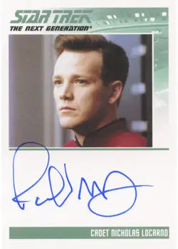 Autograph card of Robert Duncan McNeill as Locarno with a red uniform and green border