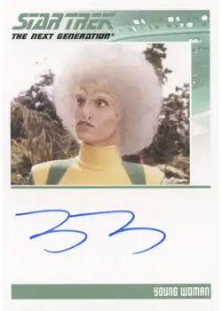 Autograph card of a young woman character in Star Trek TNG with a large white afro