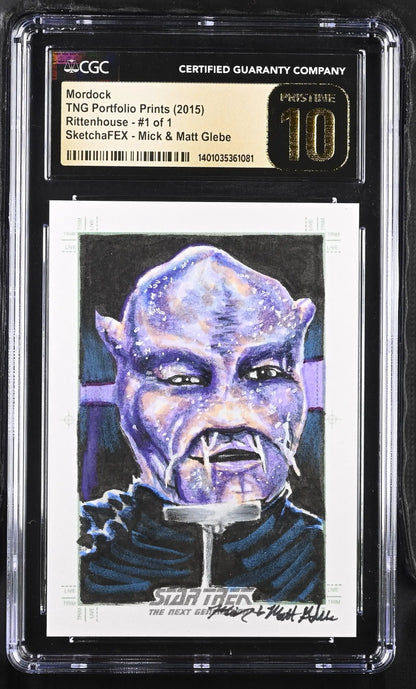 Graded trading card of purple-tinted alien by Matt Glebe from Star Trek Sketch Card