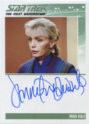 Autographed Star Trek TNG autograph card of Jennifer Edwards as Miss Kyle in blue uniform