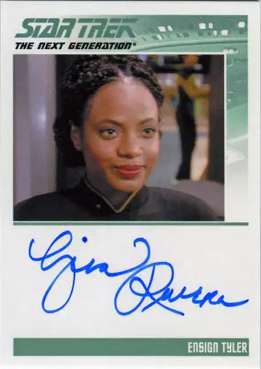 Autographed trading card featuring Gina Ravera as Ensign Tyler from Star Trek TNG