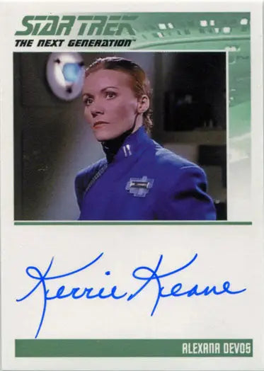 Autograph card of Kerrie Keane as Alexana Devos in blue Star Trek uniform