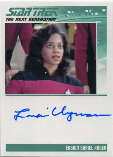 Autograph card of Lanai Chapman as Sariel Rager in Star Trek TNG red uniform