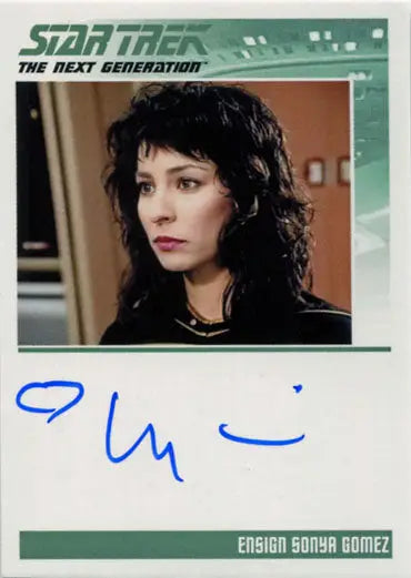 Headshot of Lycia Naff as Sonya Gomez in Star Trek TNG uniform for autograph card