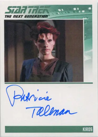 Star Trek TNG Autograph Card of Patricia Tallman as Kiros in a trading card format