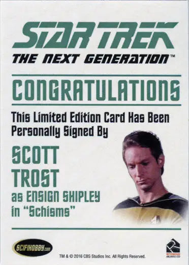 Autographed Star Trek TNG Ensign Shipley card featuring Scott Trost from Schisms episode