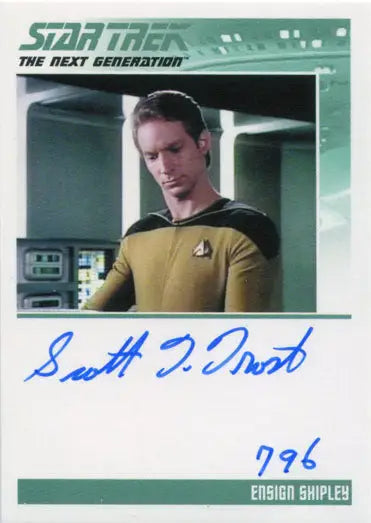 Autographed card of Scott Trost as Ensign Shipley in yellow Starfleet uniform