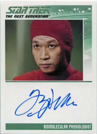 Autographed Star Trek TNG trading card featuring Tzi Ma in red uniform and hat